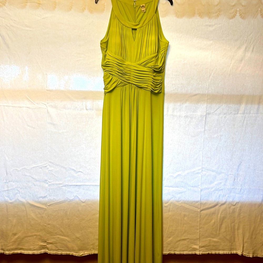 Line green full length gown, sleeveless.